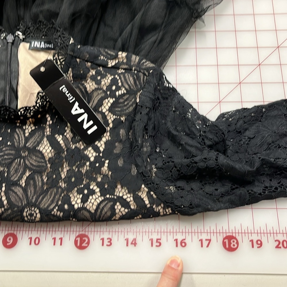 INA NWT Lace Ruffle Tulle Long SLV Hi Neck Black Cocktail Party Guest Dress SZ S - Picture 15 of 16